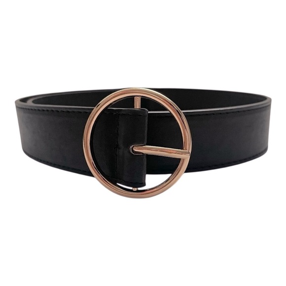 Garage Womens Gold Circle Buckle Faux Leather Black Belt - Picture 2 of 9